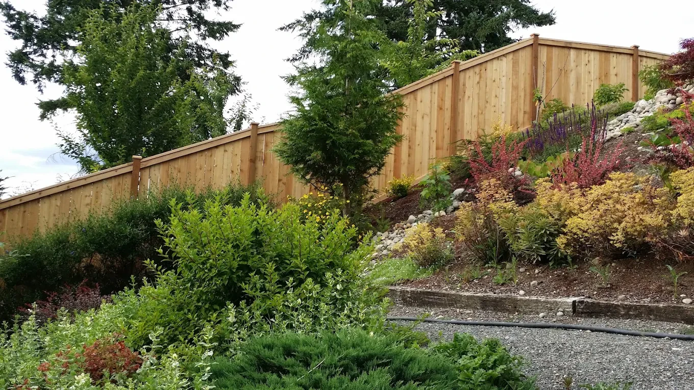 Wooden fence with sloped garden landscaping
