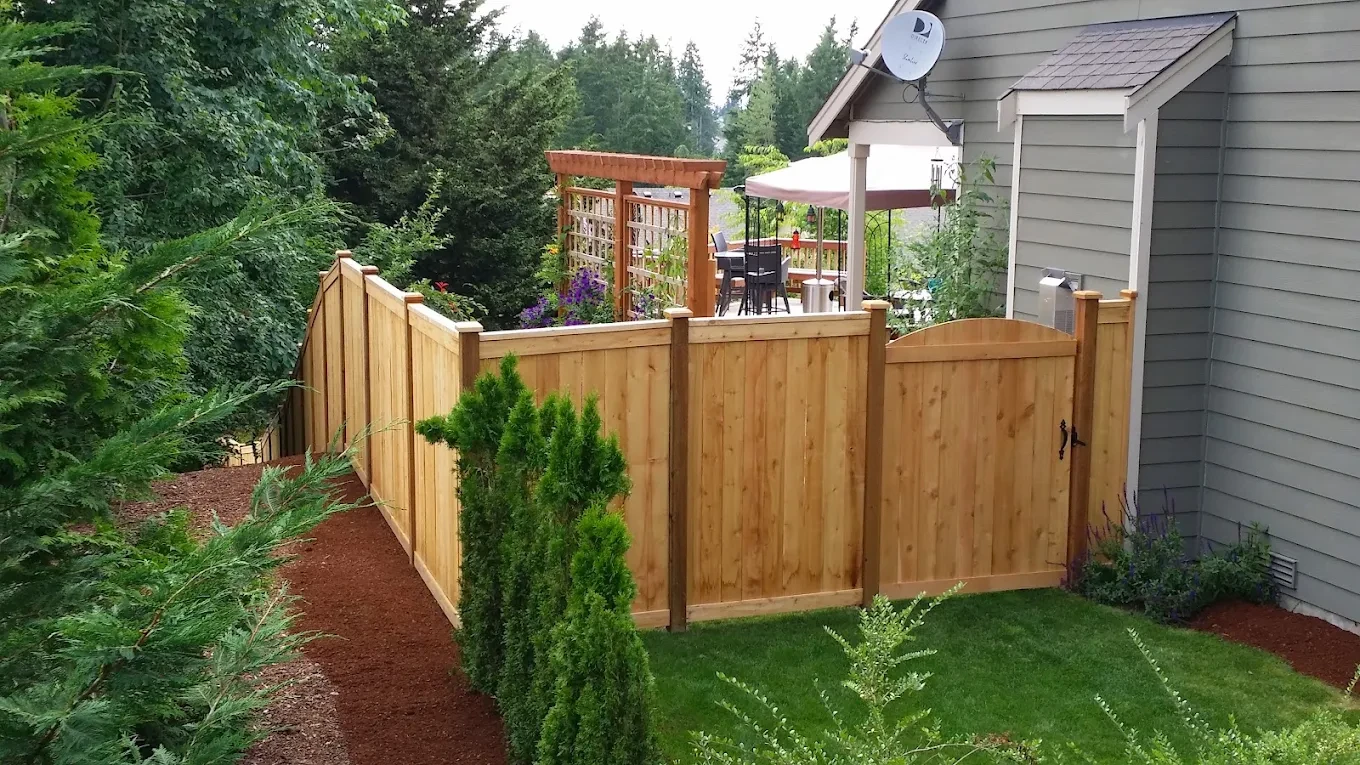 Cedar privacy fence enclosing residential backyard